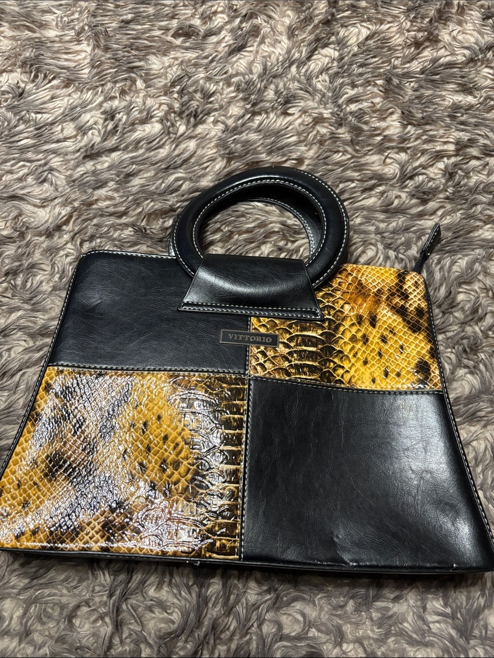 Vittorio Black and Yellow Snake-Effect Patchwork Satchel